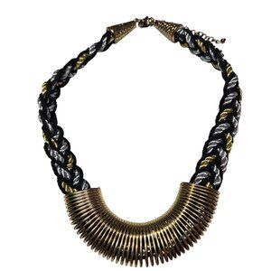 Chunky Braided Rope Necklace Black Silver Gold Textured Crescent Pendant Women